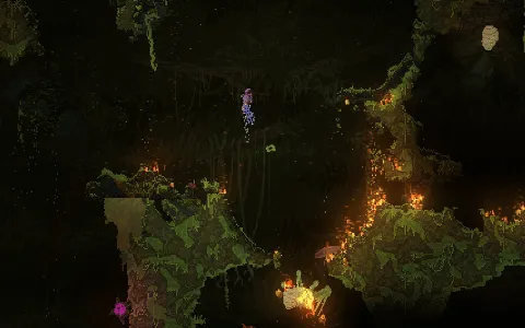 A Noita screencap set in the Jungle. The player shoots a wand that spaws multiple bombs that home onto a spider before exploding it to death, with its limbs blowing up across the screen